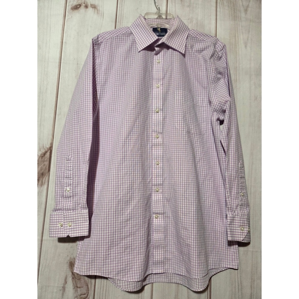 Stafford Travel Fitted Purple Gingham Dress Shirt Mens 16 32-33 Easy Care